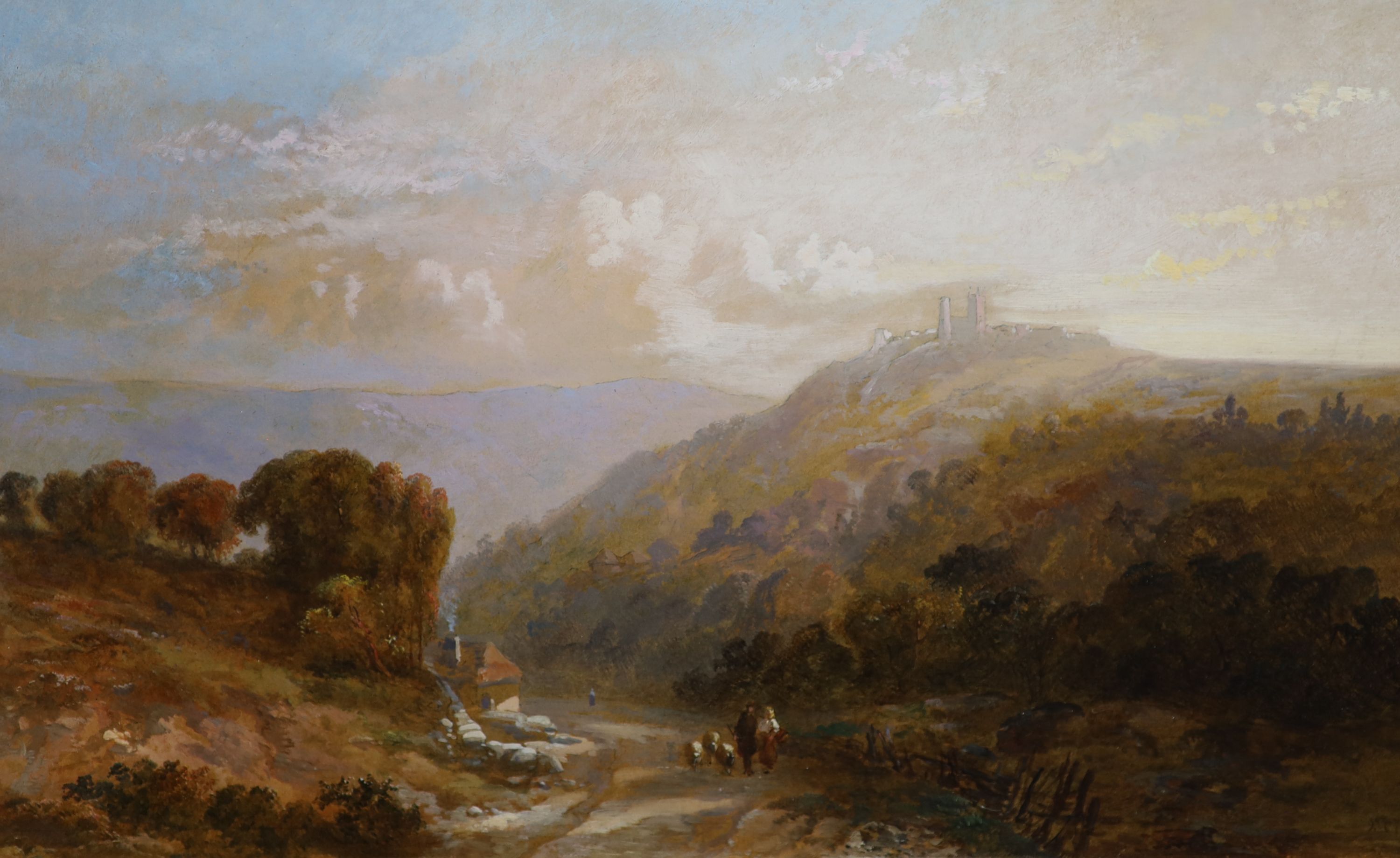 James Vivien Fleury (1847-1902), River landscape with figures in the foreground, houses and a church and companion piece, oil on board, a near pair, 30 x 45.75cm and 28 x 45cm